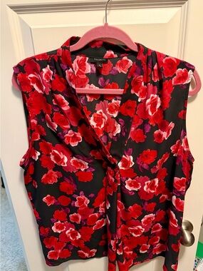Talbots Black Sleeveless Floral Blouse with Red & Pink Blooms